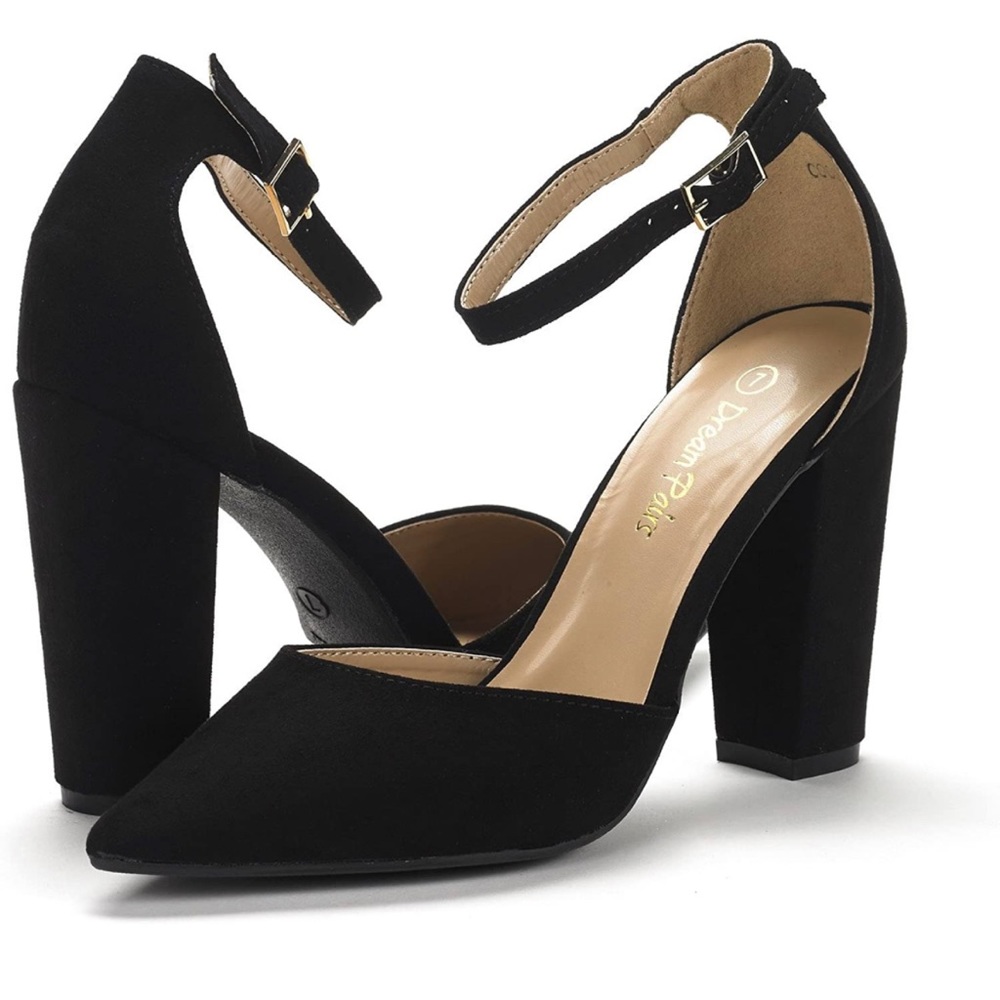 New Black Faux Suede Pointed Toe Chunky Block Heel Ankle Strap Heels Size 9.5